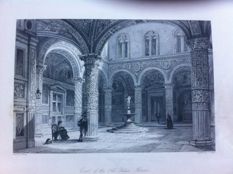 Oude 19e eeuwse litho - The Court of the Old Palace, Florence