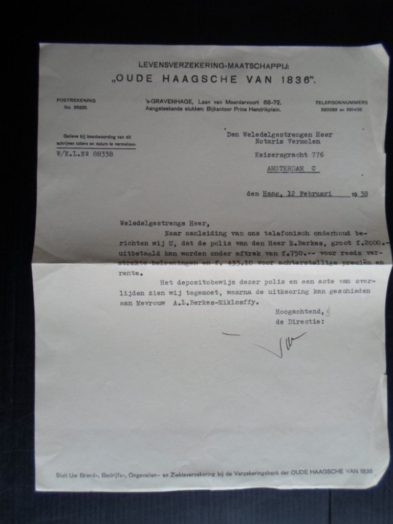  - Schrijven Levensverzekeringsmaatschappij Oude Haagsche van 1836 inzake vrijvallen polis