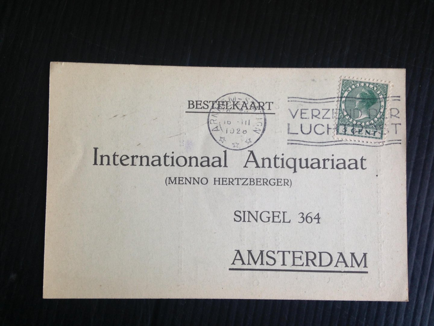  - Oude briefkaart 1928, Internationaal Antiquariaat Hertzberger, nr 6