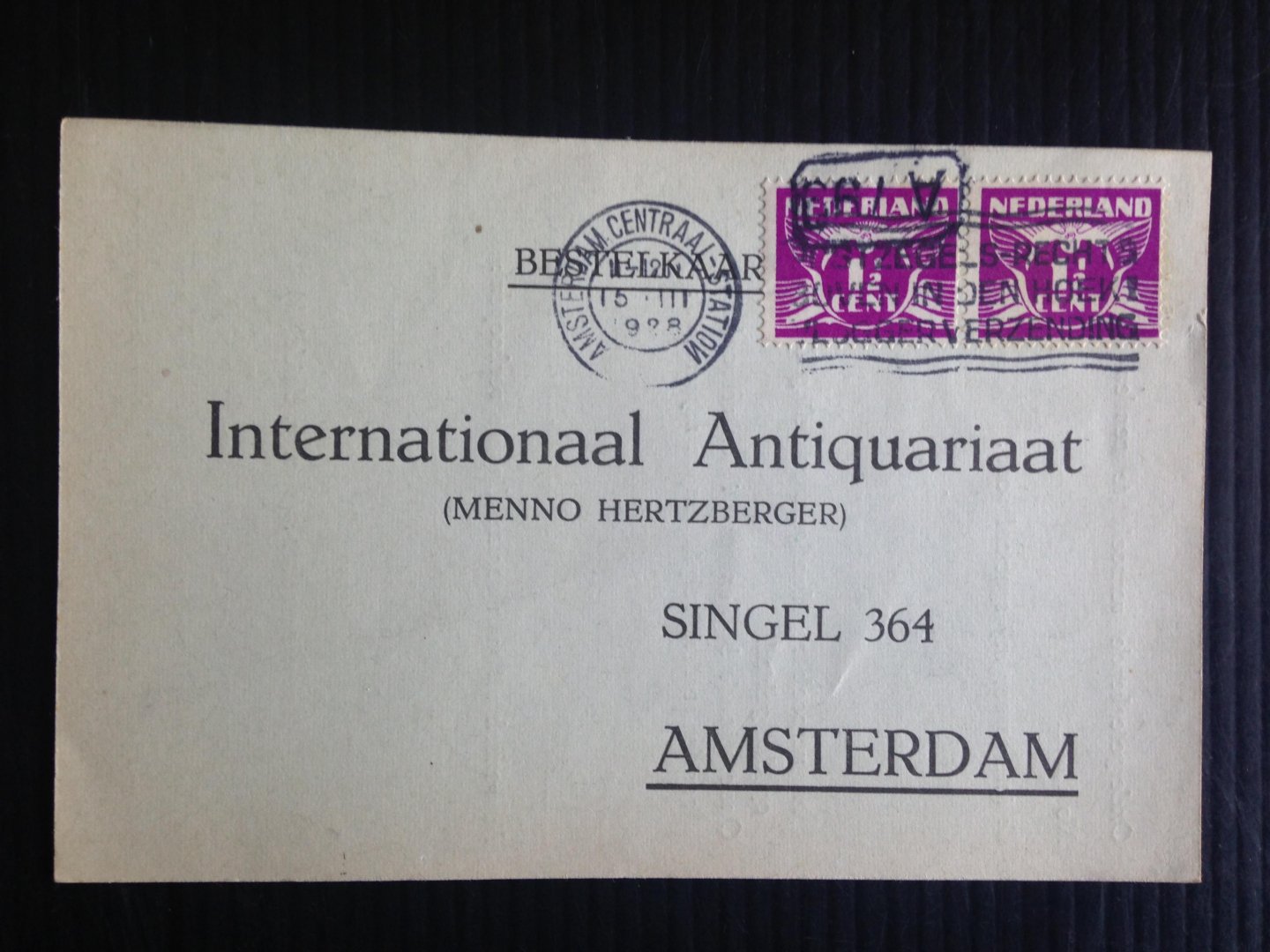  - Oude briefkaart 1928, Internationaal Antiquariaat Hertzberger, nr 5