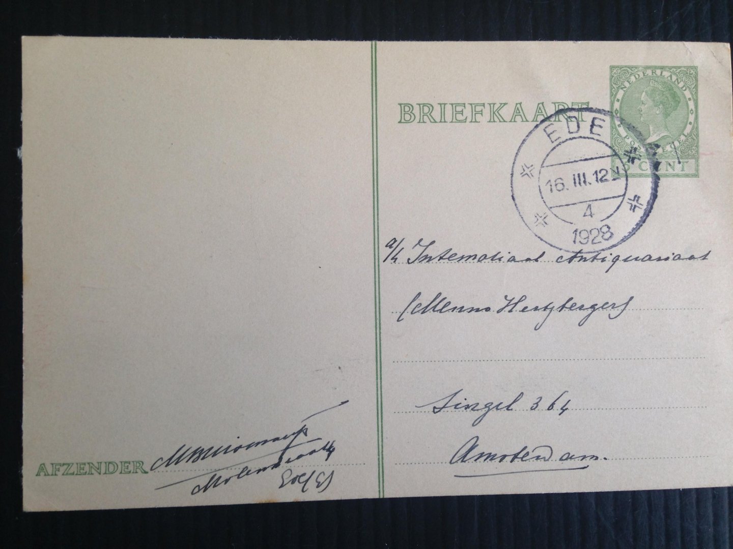  - Oude briefkaart 1928, Internationaal Antiquariaat Hertzberger, nr 2