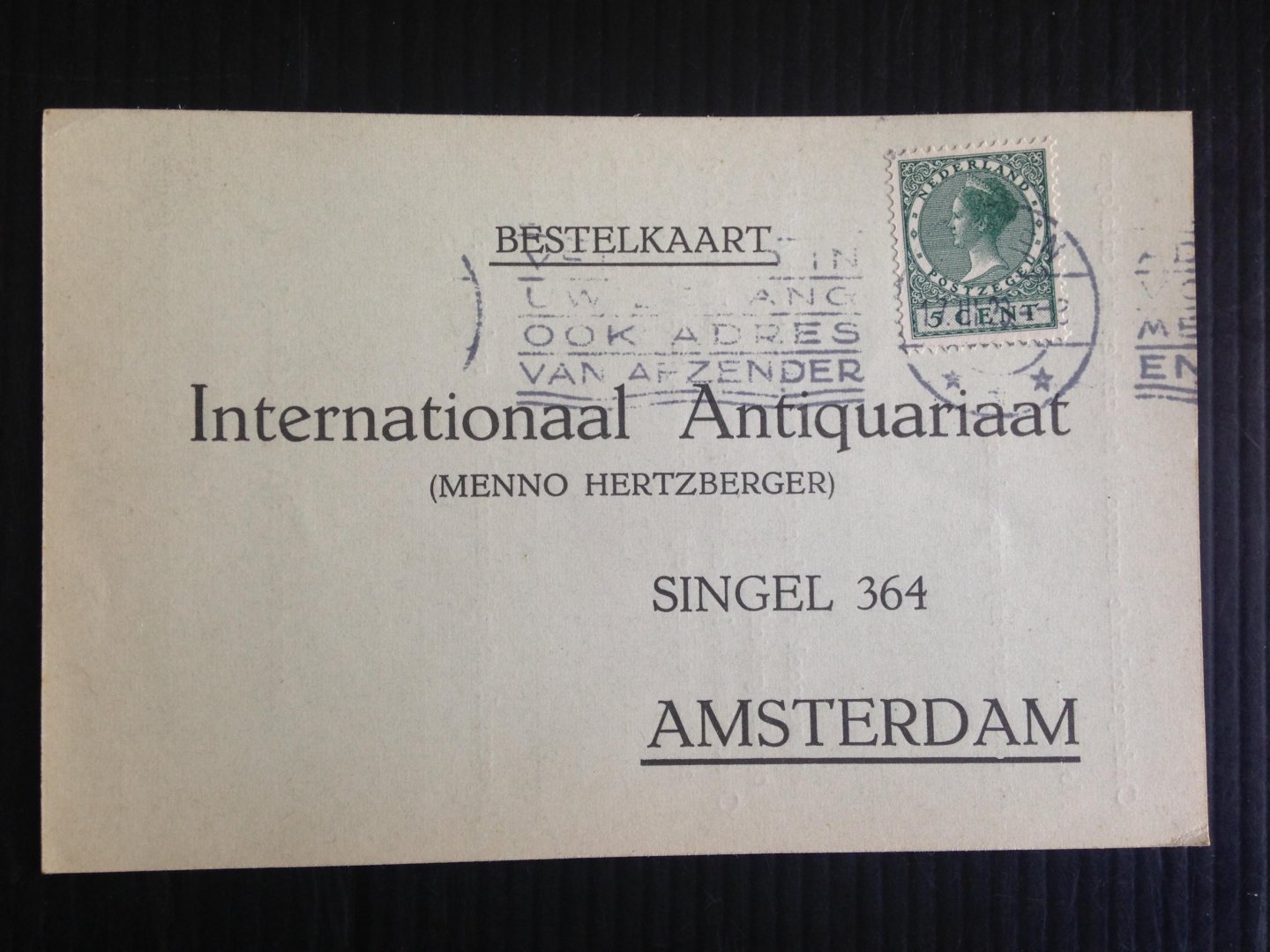  - Oude briefkaart 1928, Internationaal Antiquariaat Hertzberger, nr 7