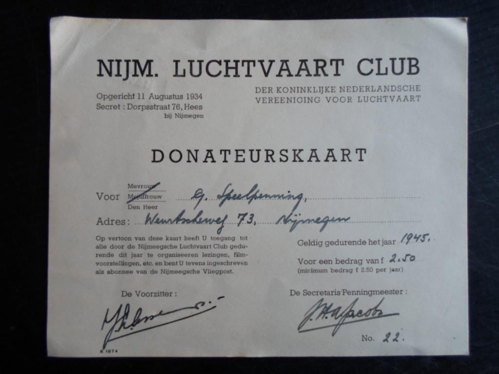  - Donateurskaart Nijmeegse Luchtvaart Club 1945