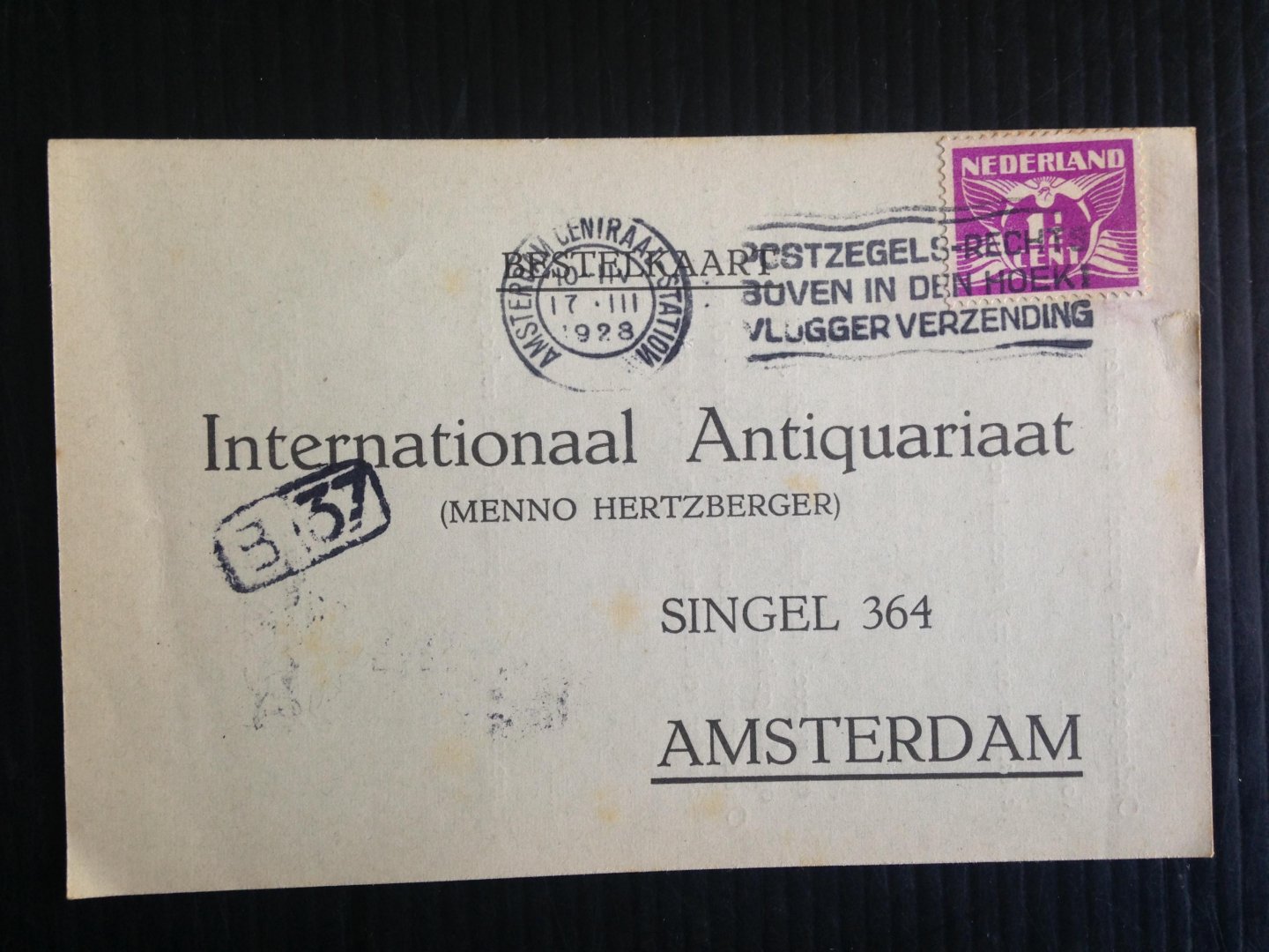  - Oude briefkaart 1928, Internationaal Antiquariaat Hertzberger, nr 9