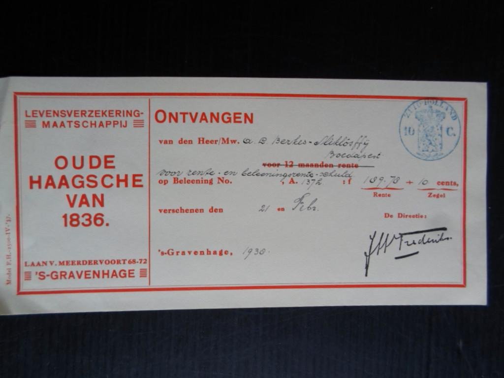  - Ontvangstbewijs Levensverzekeringsmaatschappij Oude Haagsche van 1836