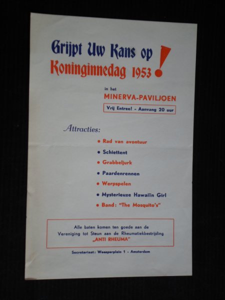 Folder Vereniging tot Steun aan de Rheumatiekbestrijding - Grijp uw kans op Koninginnedag 1953!
