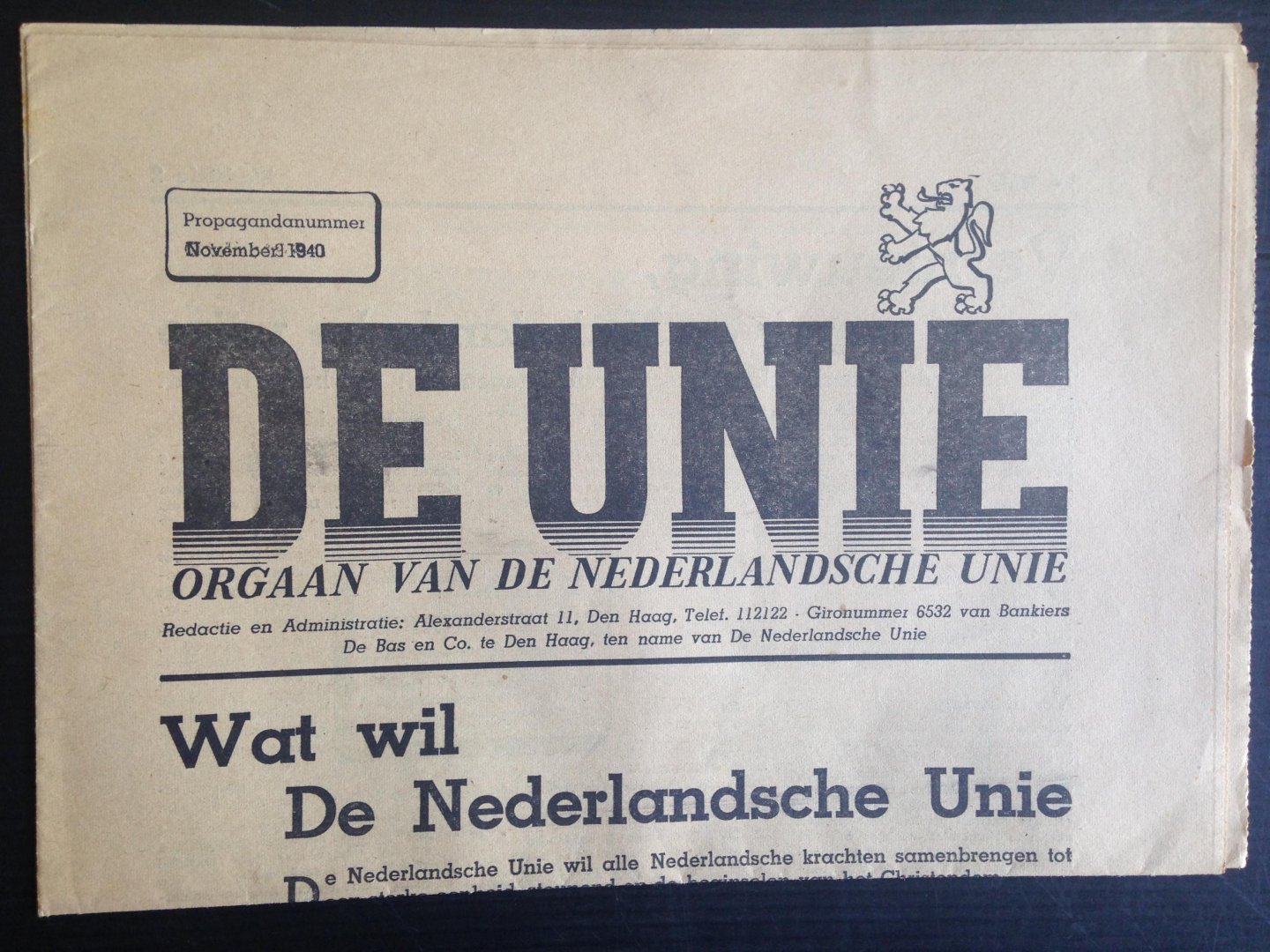 Oorlogskrant - Propagandanummer De Unie, Orgaan van de Nederlandsche Unie