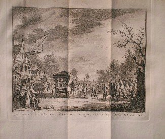 antique print (prent) - (Den Haag). De Spaansche gezanten, buiten den Haage, ontvangen door Prinse Maurits, in `t jaar 1608.