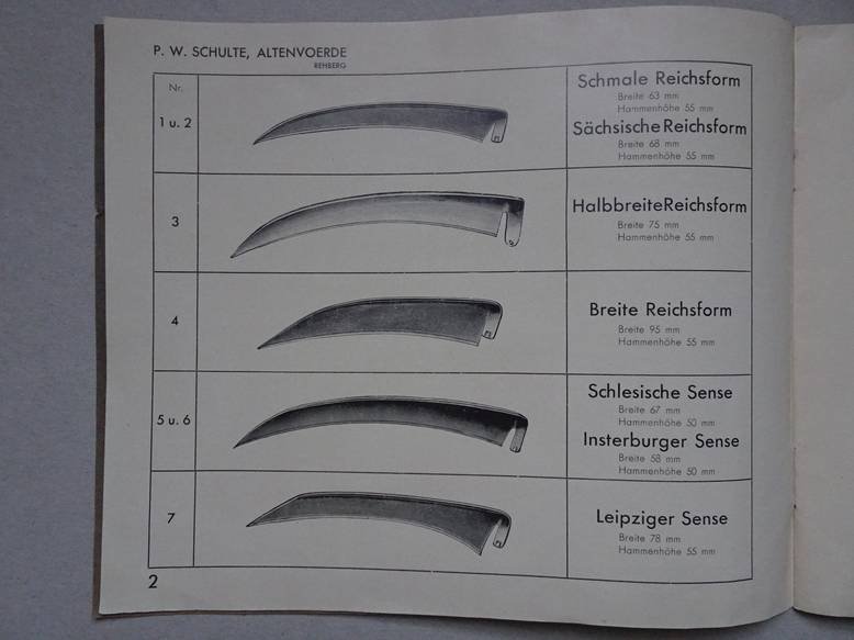 N.n.. - P.W. Schulte Altenvoerde Rehberg. Katalog. Sensen, Sichten, Strohmesser, Haumesser, Kniemesser, Wallmesser, Heumesser, Gemüsebankmesser, Maschinenmesser, Sicheln, Dengelgeräte, Sensenbäume, Sensenringe, Wetzsteine, Wetzhölzer.