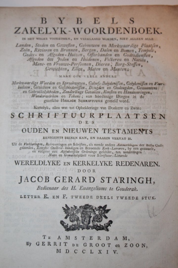 Staringh, Jacob Gerard - Bybels Zakelyk Woordenboek … door Jacob Gerard Staringh. Letter E. en F. Tweede deel, tweede stuk
