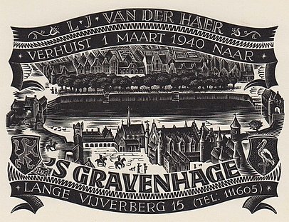 (GRAVENHAGE, 's-). GELDER, Dirk van - Houtgravure van Binnenhof, Hofvijver en Lange Vijverberg. (Verhuisbericht van L.J. van der Haer, maart 1940).