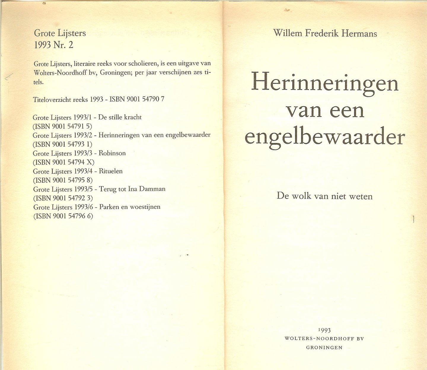 Hermans Willem Frederik, ontwerp omslag Hans Bocking [UNA] Amsterdam....Fotografie omslag Lex van Pieterson, Den Haag - Herinneringen van een engelbewaarder    De laatste dag voor de duitsers Nederland binnenvallen. 9 mei 1940. wordt gedenkwaardige dag in het leven van officier van justitie Bert Alberegt, hij ziet zijn joodse vriendin weer naar amerika vertrekken