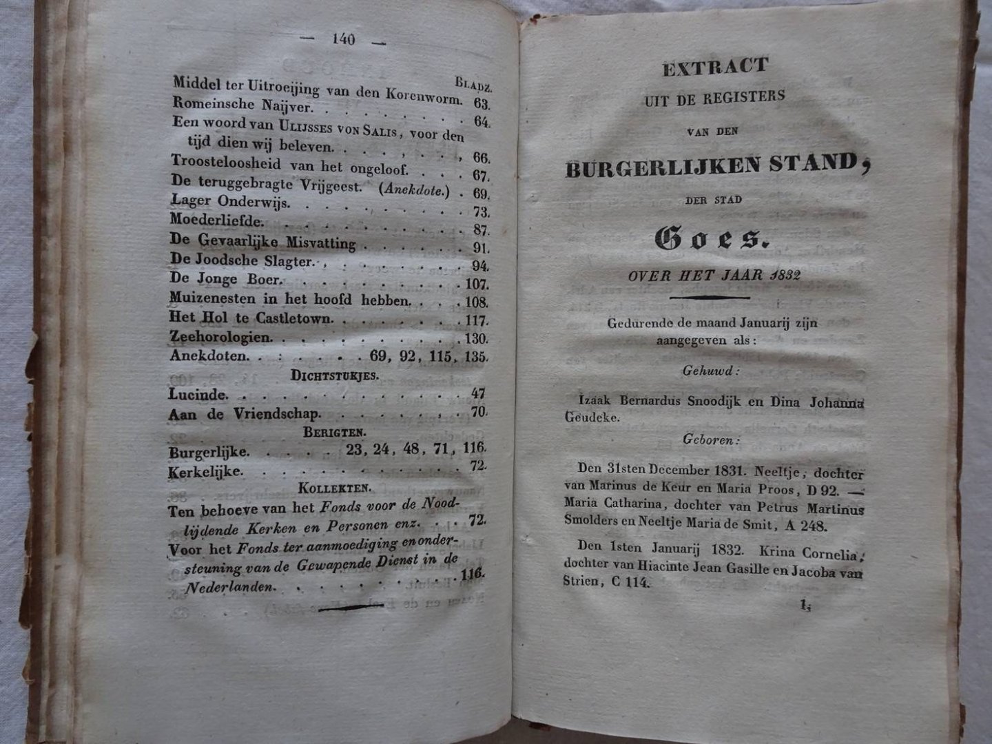  - Maandboekje der stad Goes, en eilanden Zuid- en Noord Beveland/ Extract uit de registers van den burgerlijken stand, der stad Goes. Over het jaar 1832. (In één band).
