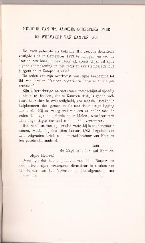 Nanninga Uitterdijk, Mr. J. - Memorie van Mr. Jacobus Scheltema over de welvaart van Kampen 1803.