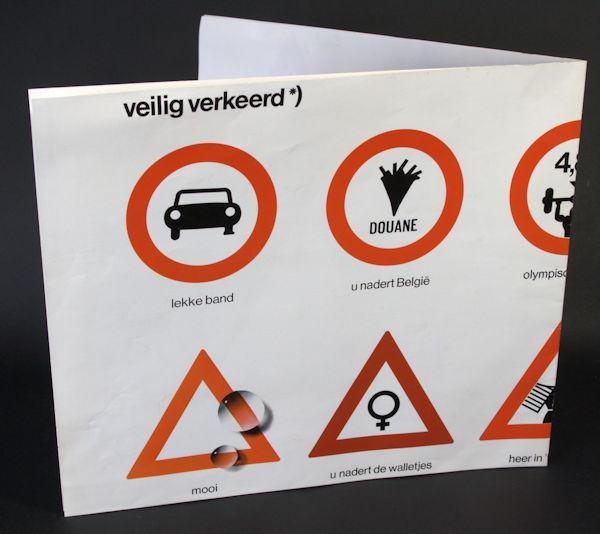 Werner, Ad. - Affiche met alternatieve verkeerstekens: U nadert de Walletjes, Hotel Garni, Vrij-ingang, Nieuw Links, Naar de Hemel, Drive-in zwembad.