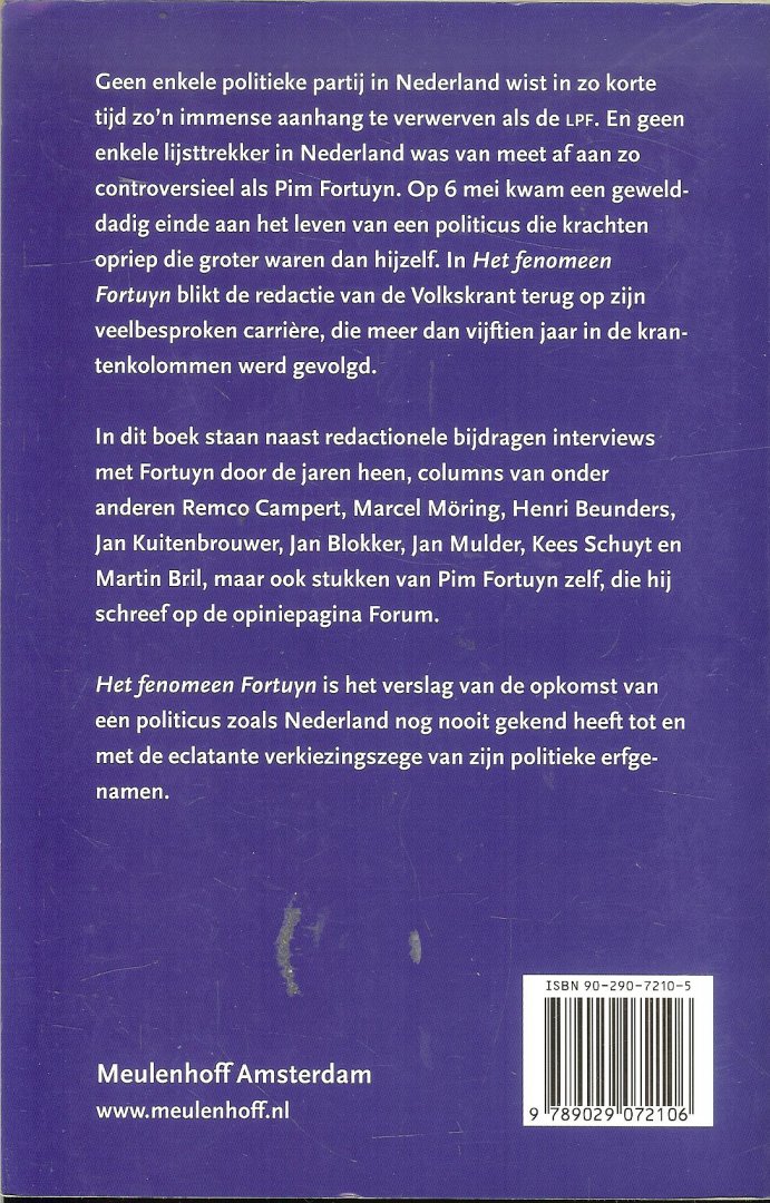 Volkskrant-Meulenhoff  Binnenwerk Zeno Omslagfoto en foto pagina 2 Corbino - Het fenomeen Fortuyn .. Een bevlogen hervormer die altijd applaus wil