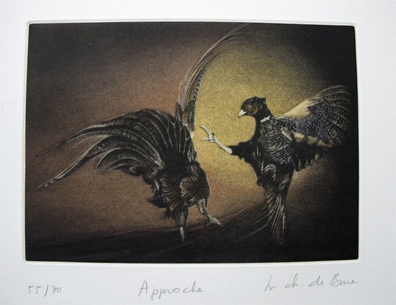 BURE de - Approche (Combat de Coqs). Original coloured etching.