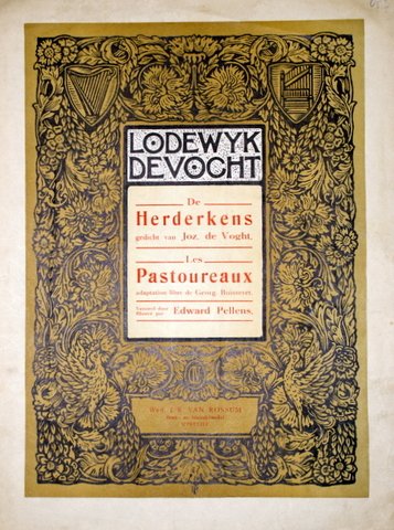 De Vocht, Lodewijk: - De herderkens. Gedicht van Joz., de Voght. Les pastoureaux. [Omslag en ill.] versierd door Edward Pellens