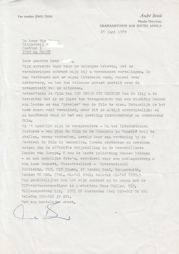 Brink, André - Original typed, signed letter to his Dutch publisher.