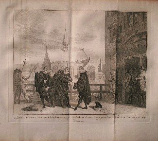 antique print (prent) - (Den Haag). `s Lands advokaat, Joan van Oldebarneveldt op `t hofschavot in den Haage (..).