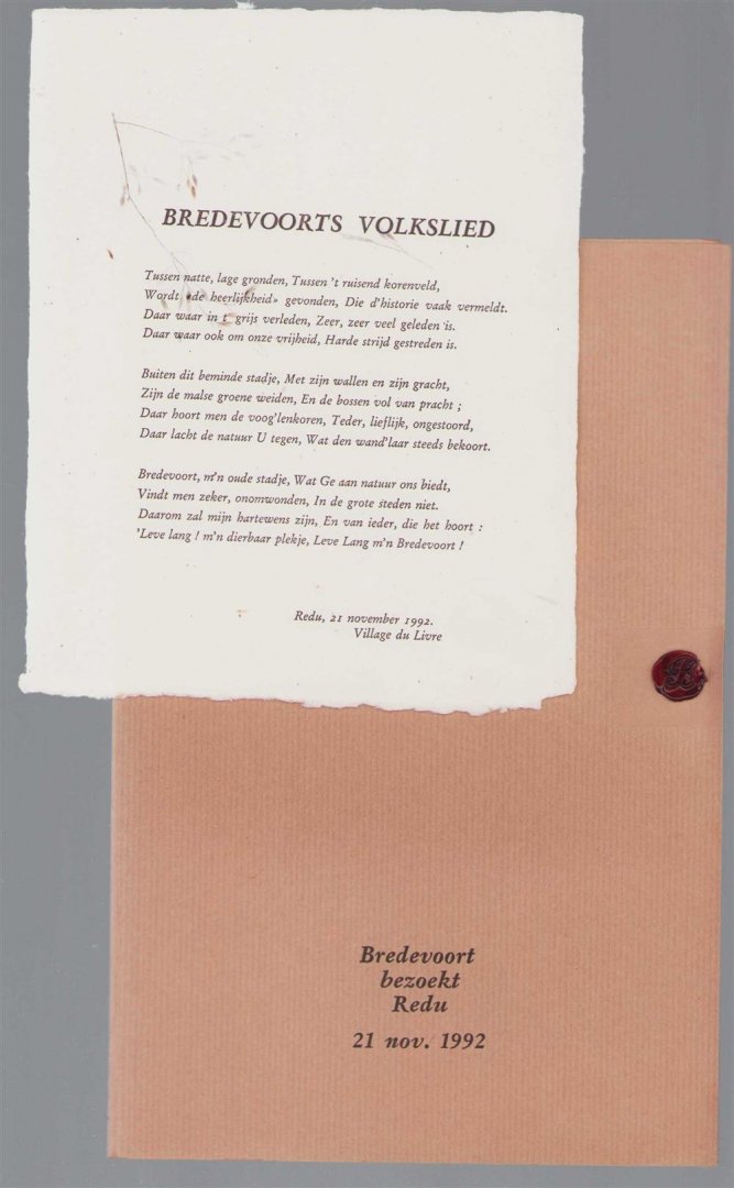 n.n - bredevoorts volkslied ( omslagtitel: Bredevoort bezoekt Redu 21 nov. 1992