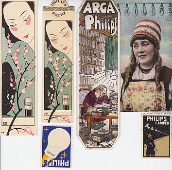 PHILIPS - Collectie van drie boekenleggers, twee reclamezegels en een ansichtkaart.