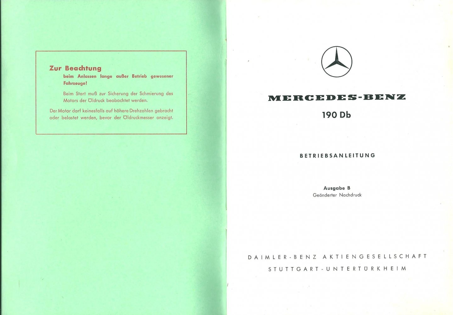 Daimler-Benz - Mercedes-Benz 190 Db Betriebsanleitung : Ausgabe B : Geänderter Nachdruck