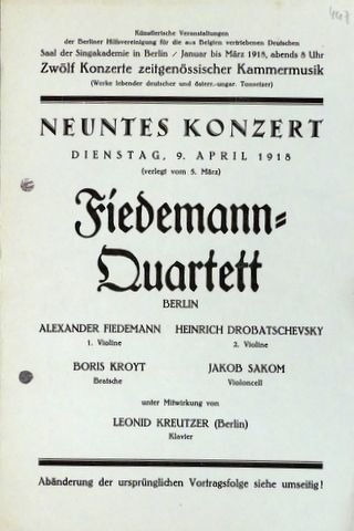 Fiedemann-Quartett: - [Flyer] Zwölf Konzerte zeitgenössische Kammermusik. Neuntes Konzert. Unter Mitwirkung von Leonid Kreutzer (Berlin)