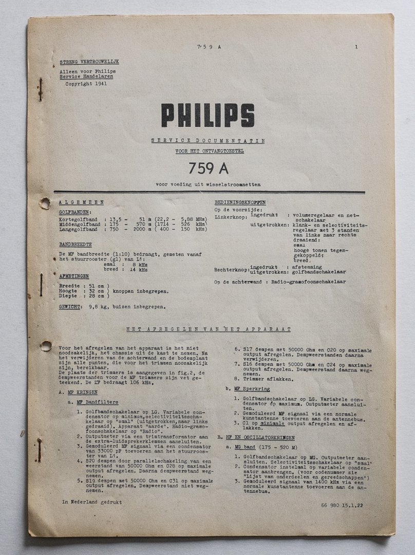  - Philips service documentatie - voor het ontvangtoestel 759A -  voor voeding uit wisselstroomnetten
