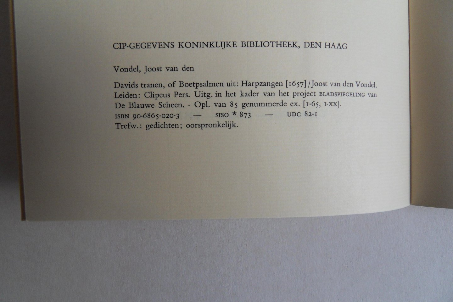 Vondel, Joost van den. - Davids Tranen of Boetpsalmen uit: Harpzangen (1657). [ Gen. ex.: VI / XX ].