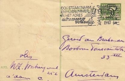 (BRABANDER, Gerard den). EES, Jan van - Handgeschreven briefkaart van Jan van Ees aan Gerard den Brabander met poststempel 7-XI-1940.