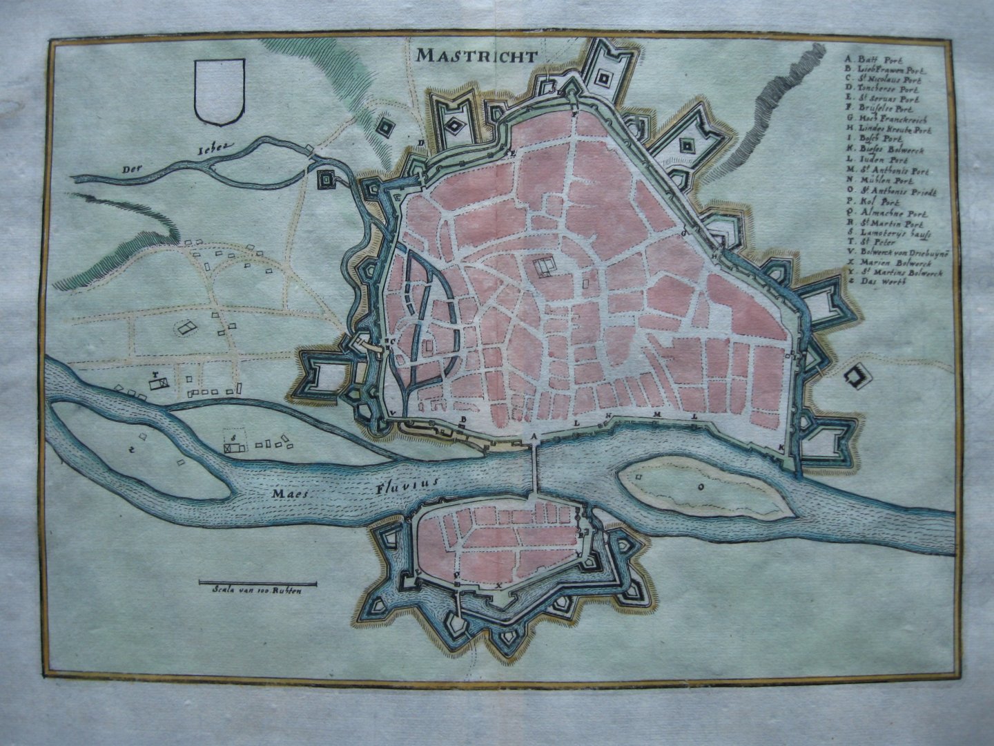 Merian, Mattheus; - Zeer fraai gekleurde gravure 1654 van Maastricht of Mastricht, en van  's-Hertogenbosch of Hertzogenbvsch. Deze plattegrond of kaart is afkomstig uit Topographica Germania Inferioris, uitgegeven door Martin Zeiller.