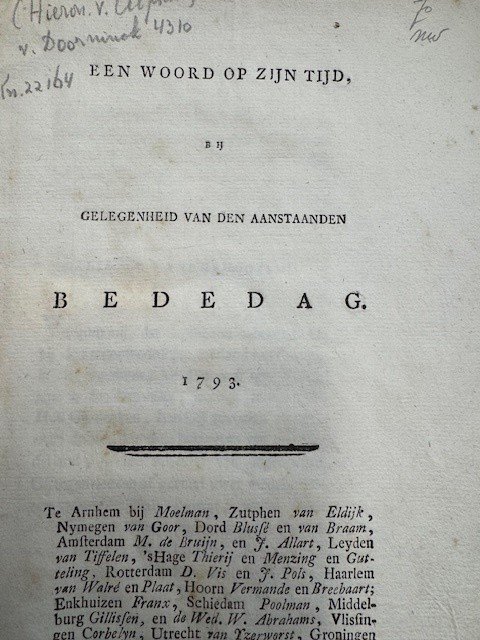 ALPHEN, HIERONYMUS VAN, - Een woord op zijn tijd, bij gelegenheid van den aanstaanden bededag. 1793