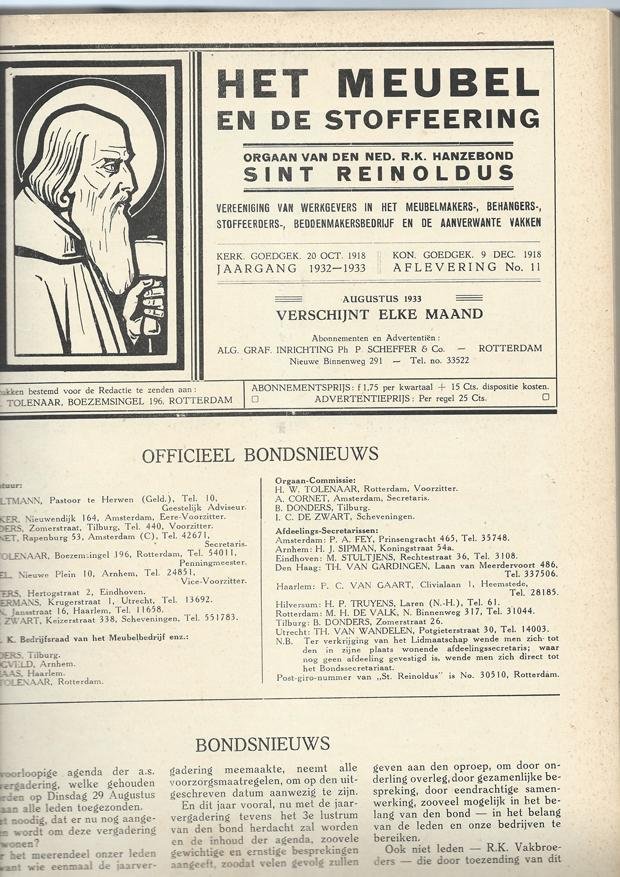 redactie - Het Meubel en de Stoffeering  Orgaan van den Ned R.K. Hanzebond Sint Reinoldus  1933/1940