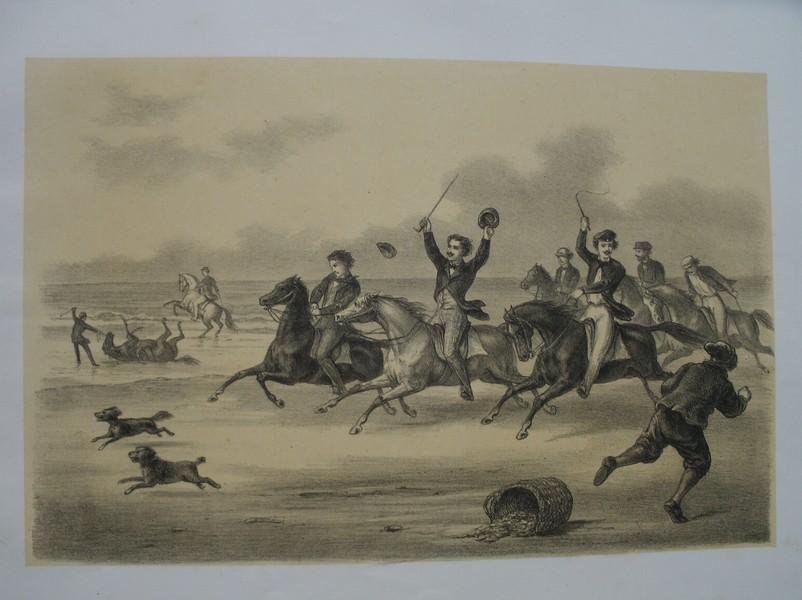 antique print (prent) - In `t vrije (paardrijden, horses).