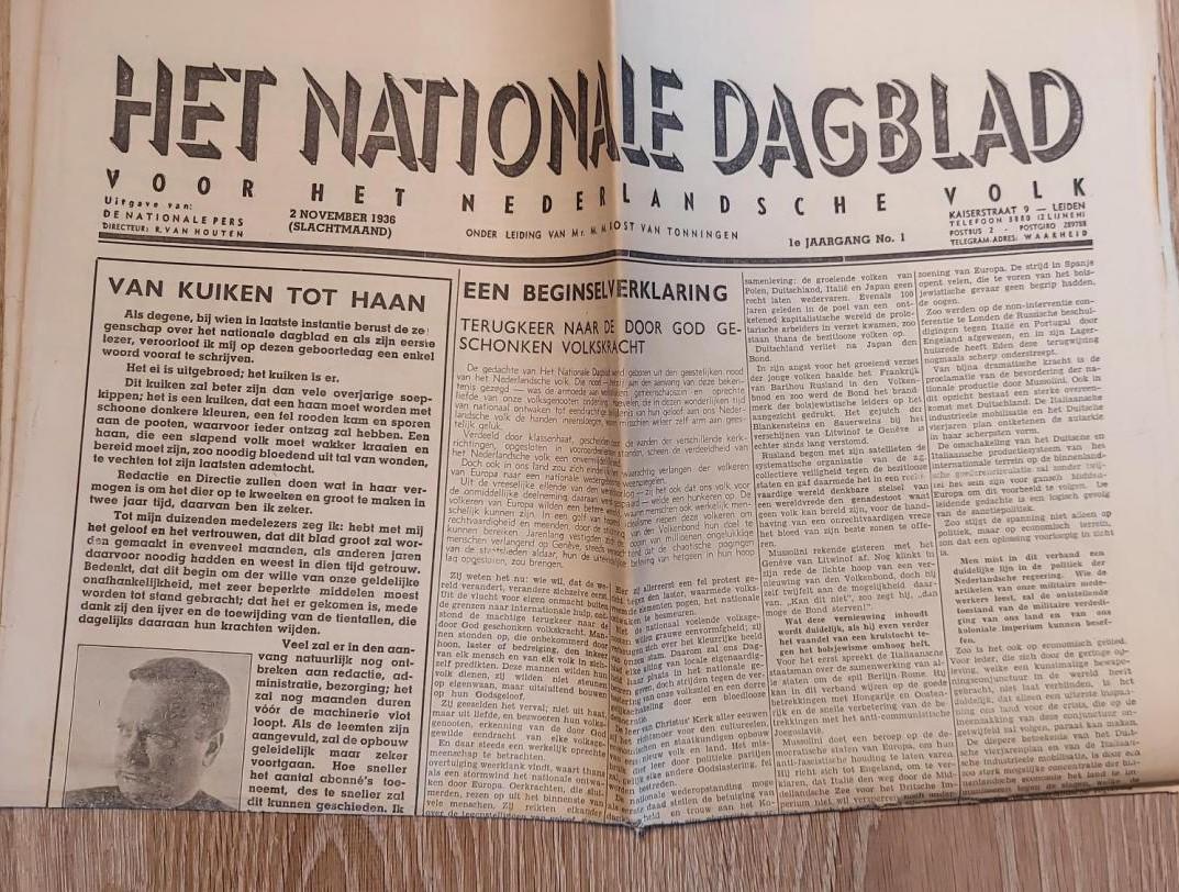  - Het Nationale Dagblad voor het Nederlandsche volk onder leiding van Mr. M.M. Rost van Tonningen. 2 november 1936 (slachtmaand) 1e jaargang, no. 1
