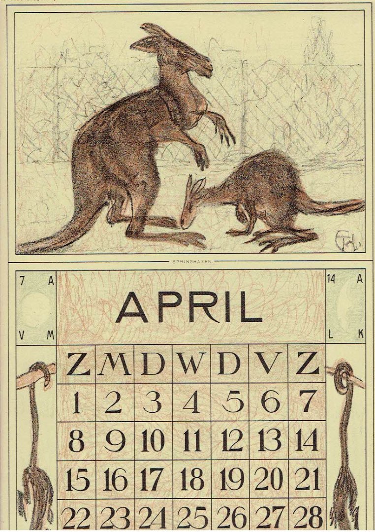 HOYTEMA, Theo van [HOIJTEMA] - Kalenderblad T. v. Hoytema - Springhazen - april - kalenderjaar 1916.