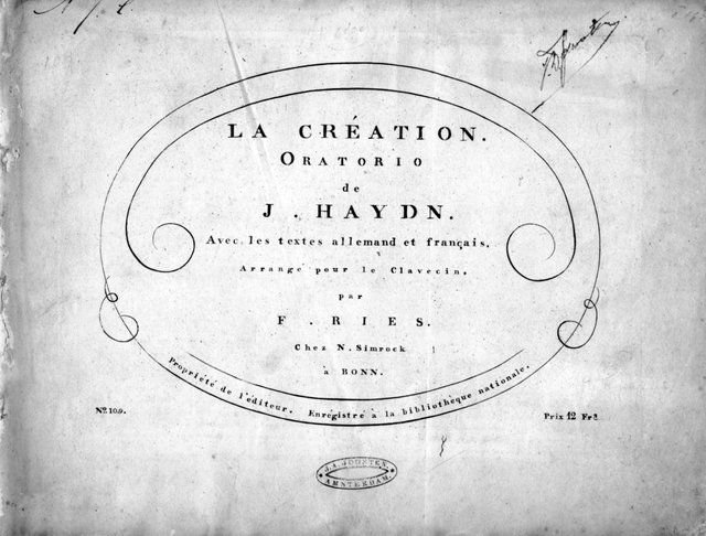 Haydn, Joseph: - [Hob. XXI: 2] La création. Oratorio de J. Haydn. Avec les textes allemand et français, arrangé pour le clavecin, par F. Ries