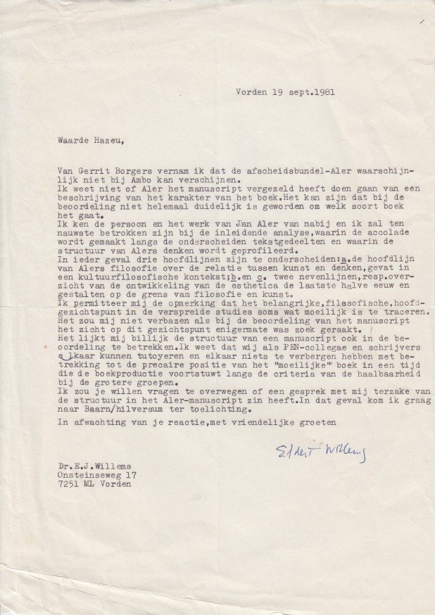 Willems, Eldert - Getypte, gesigneerde brief aan een uitgever.