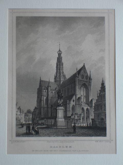 Haarlem. - Haarlem. De groote kerk en het standbeeld van L. Jz. Coster.