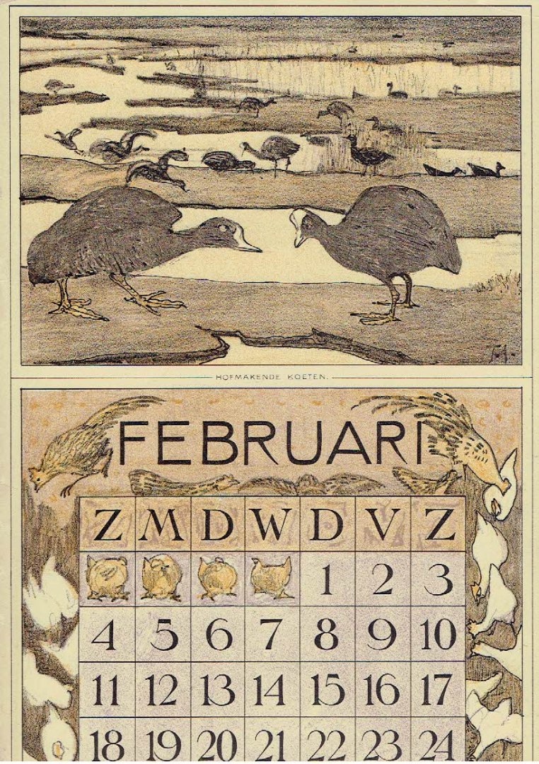HOYTEMA, Theo van [HOIJTEMA] - Kalenderblad T. v. Hoytema - Hofmakende koeten - februari - kalenderjaar 1912.