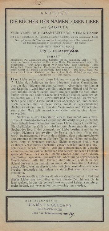 SAGITTA (= John Henry MACKAY) - Anzeige. Die Bücher der namenlosen Liebe von Sagitta. Neue vermehrte Gesamtausgabe in einem Bande.