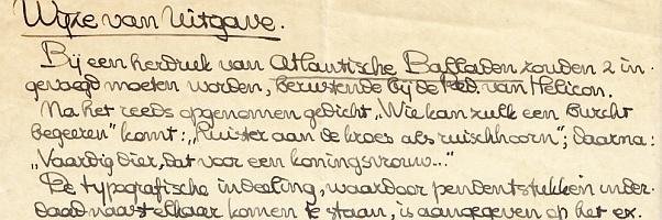 VRIES, Hendrik de - 'Wijze van uitgave'. (Origineel handschrift).