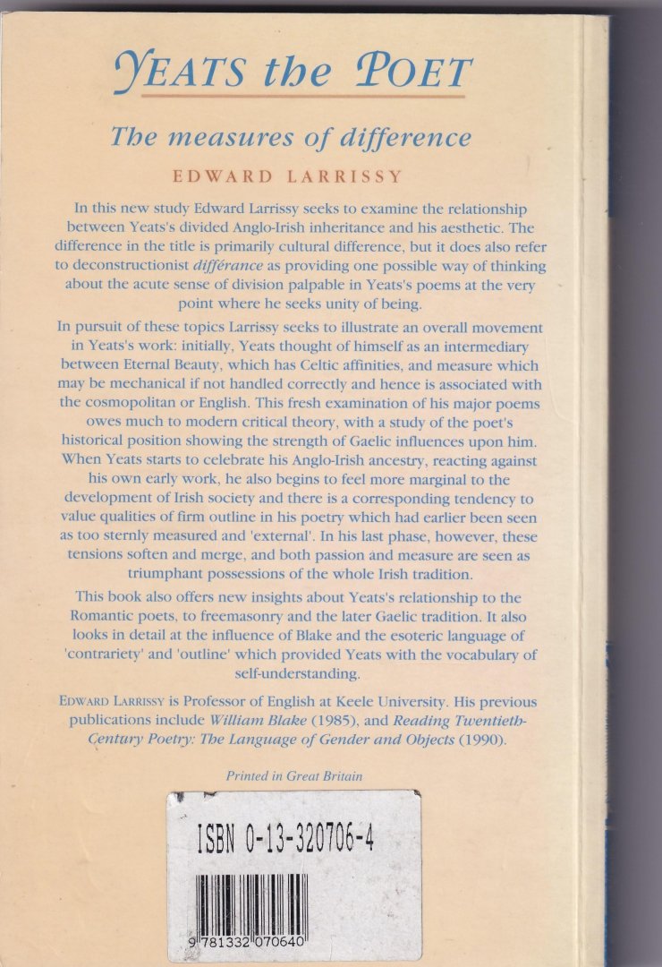 Larrissy, Edward - Yeats the Poet, the measures of difference