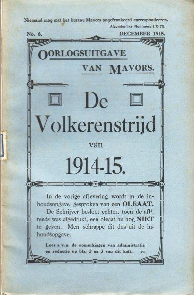 Mavors - - De volkerenstrijd van 1914-15. VI. Literatuur omtrent de operatiën in het Westen. I. (Oorlogsuitgave van Mavors No. 6. December 1915).