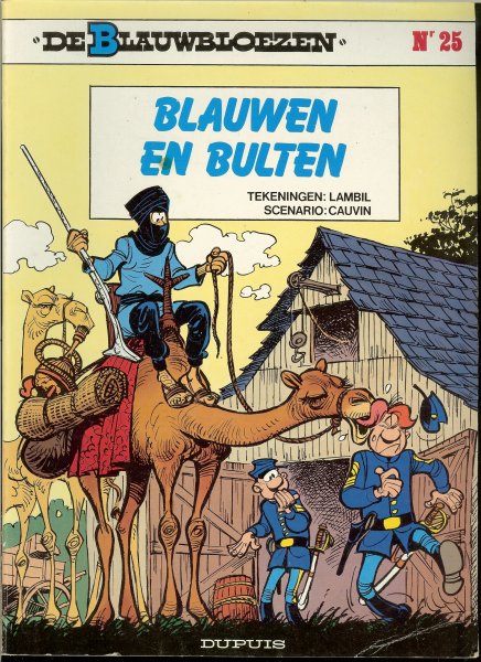 Lambil die voor de tekeningen zorgde  en Cauvin voor Scenario - De Blauwbloezen. Blauwen en bulten. Nr. 25