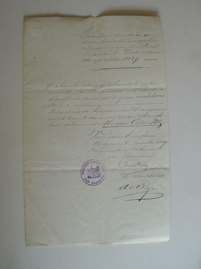 (genealogie, zaanstreek). - (van Orden family). Extract uit de registers der handelingen van den gemeente raad te Zaandam.