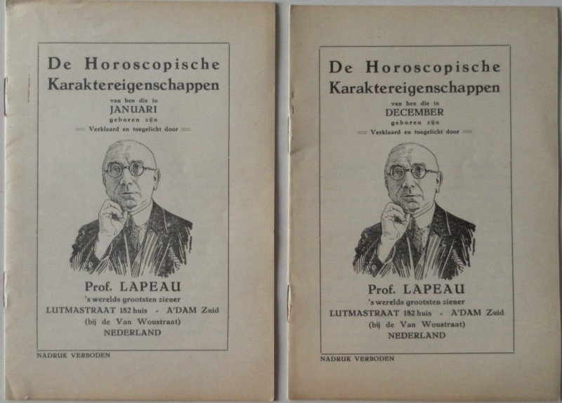Prof. Lapeau s werelds grootsten ziener - De Horoscopische karaktereigenschappen van januari t/m december in 12 boekjes 14 blz per deeltje verklaard en toegelicht