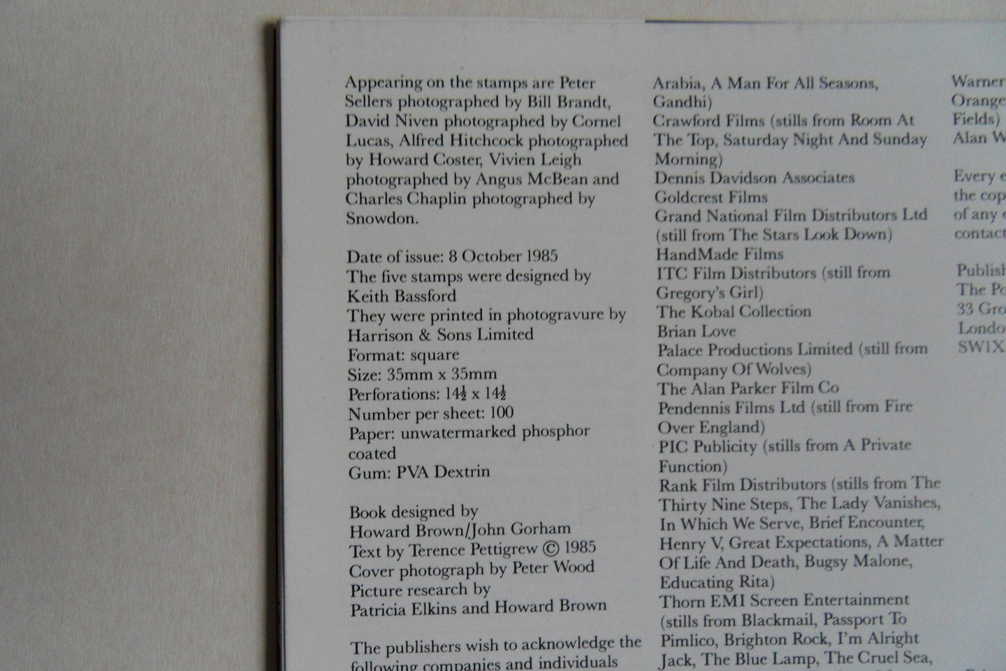 Pettigrew, Terence (text). - British Films. [ Complete with the five stamps in mint state ].