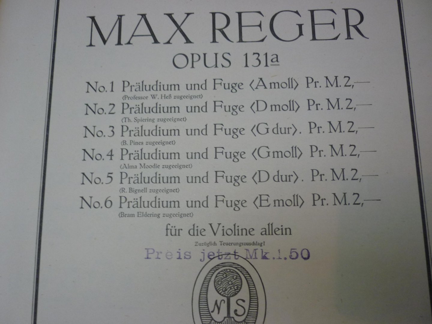 Reger; Max (1873 - 1916) - 6 Präludien und Fugen op. 131a; fur die Violine allein